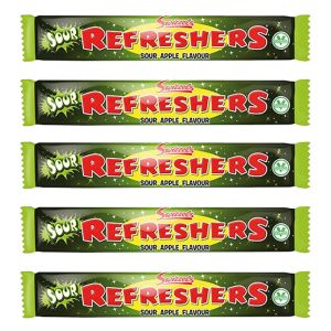 A pack of 5 sour apple chew bars, chewy retro sweets!
