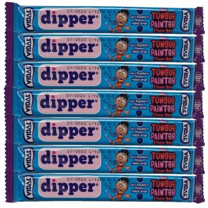 Vidal sour blue raspberry chew bars which paint your mouth blue!