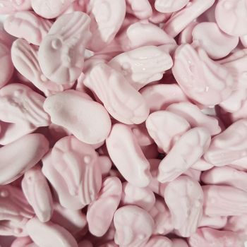 Raspberry flavour, pink foam sweets in the shape of shrimps